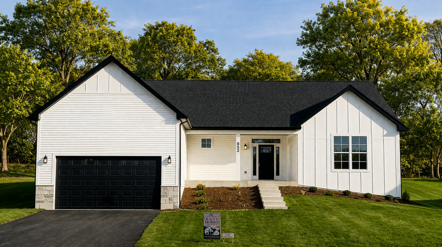 modern farmhouse with lush landscaping